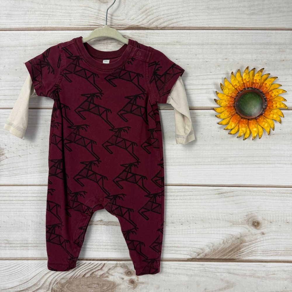 Tea Collection Reindeer Print Bodysuit Romper With Long Sleeves Size‎ 3-6 Months